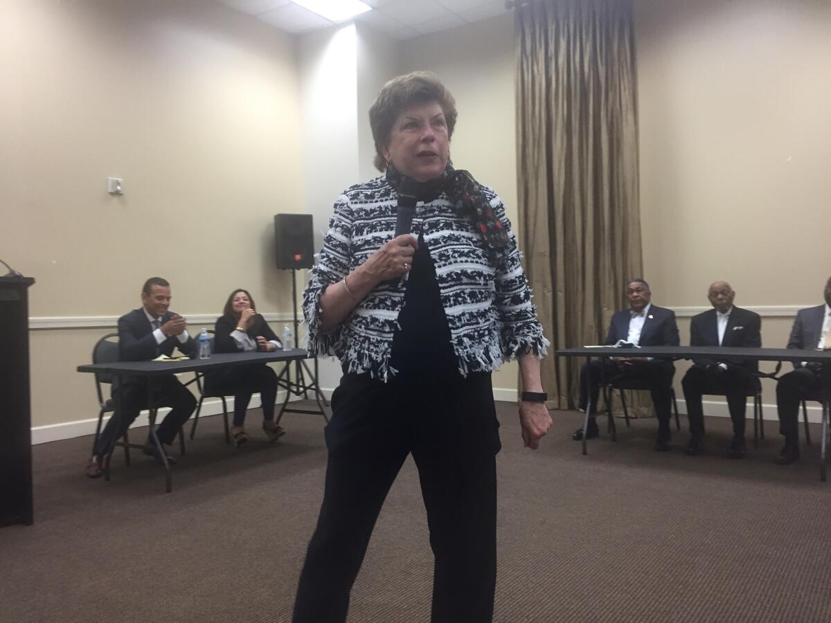 Delaine Eastin speaks at a community forum at First African Methodist Episcopal Church in Los Angeles.