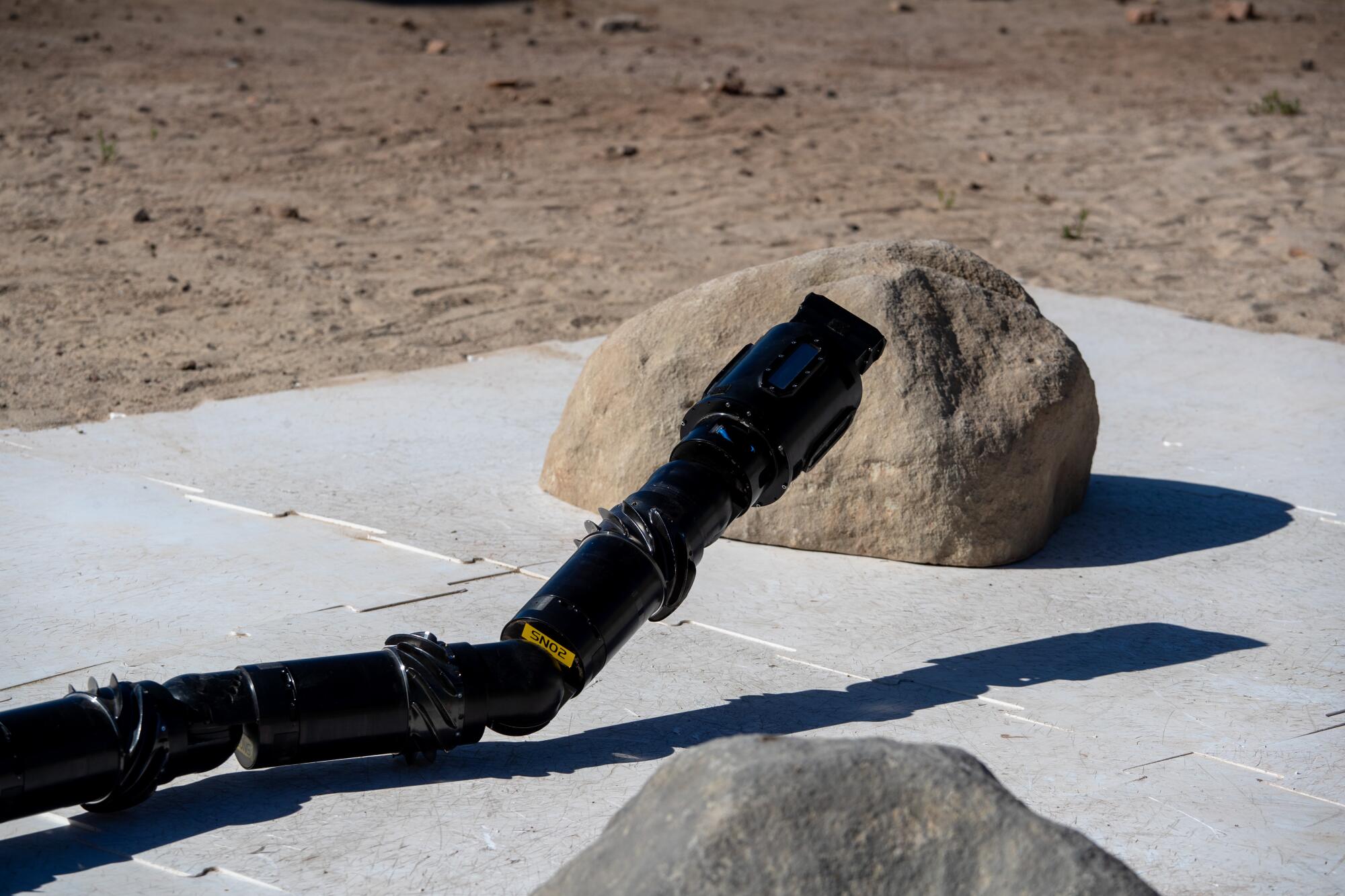 A long, black object raises it front part between two rocks.