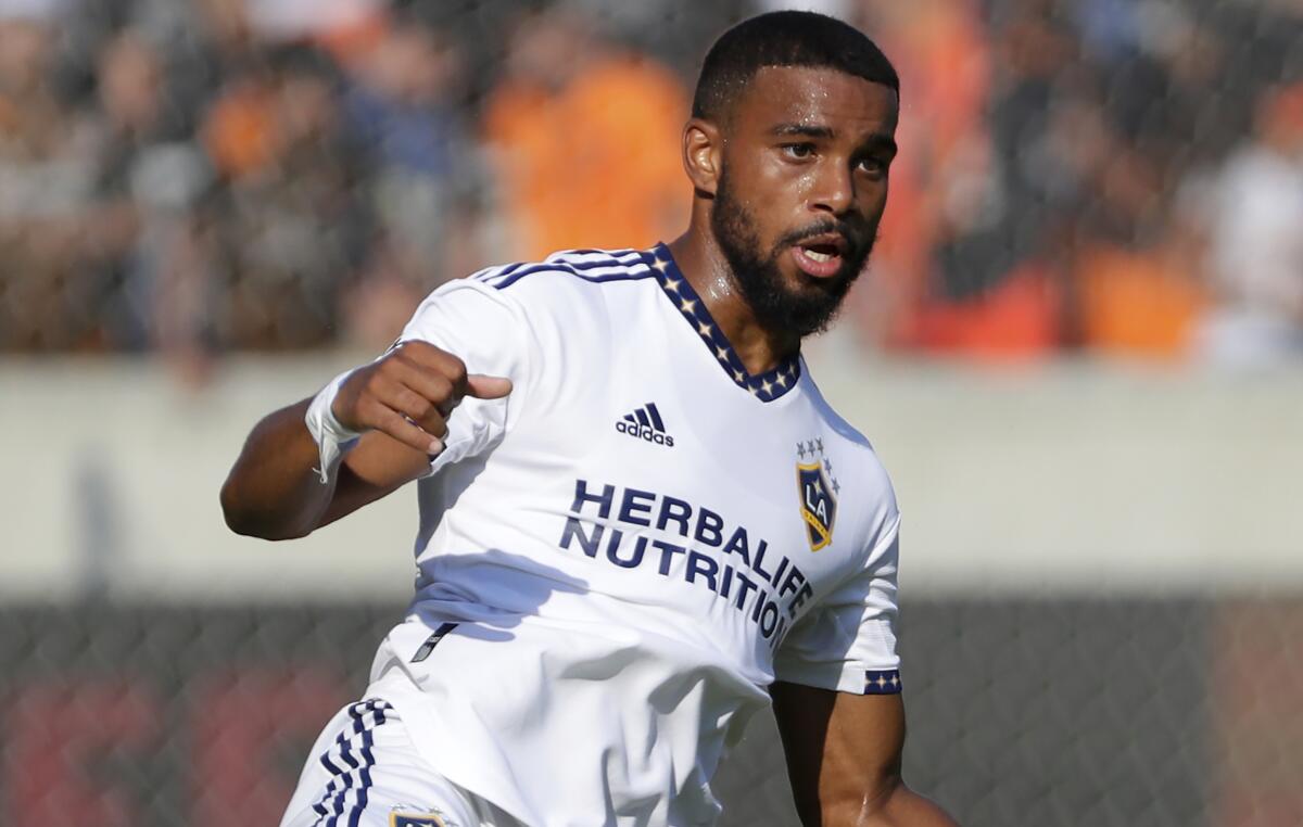 Los Angeles Galaxy midfielder Samuel Grandsir during the first half of an MLS soccer match against the Houston Dynamo.