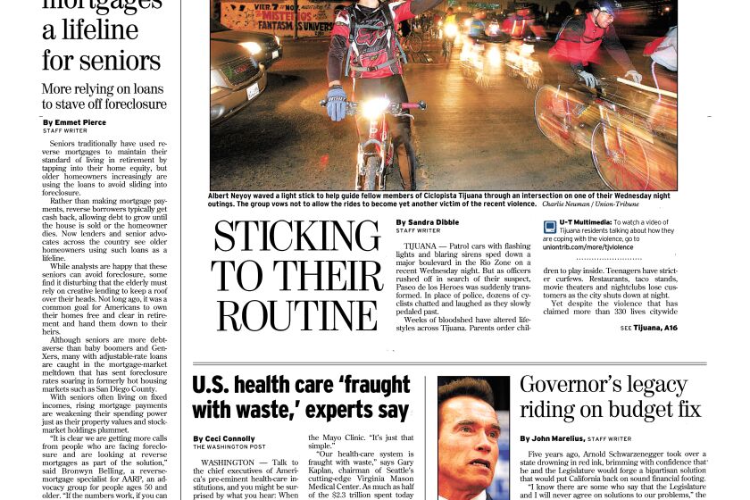 Front page of The San Diego Union-Tribune, November 30, 2008.