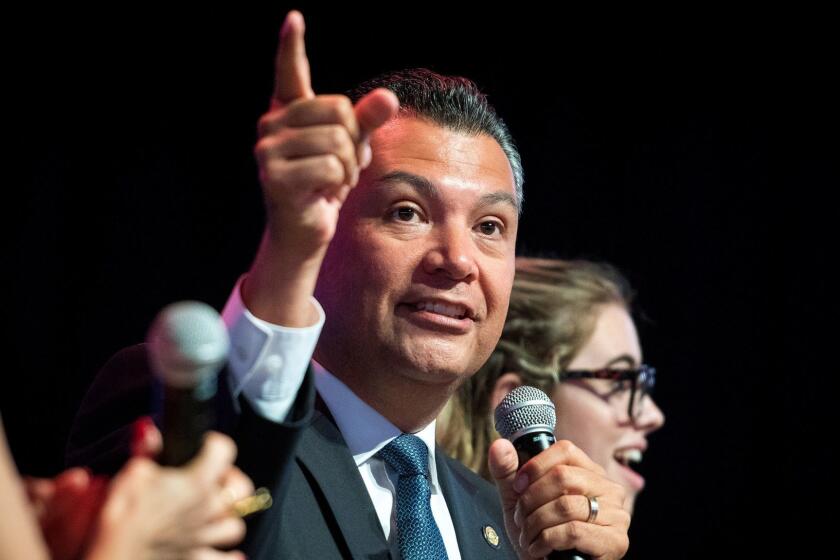 LOS ANGELES, CA - SEPTEMBER 28, 2018: CA Secretary of State Alex Padilla speaks at the Girls Build Leadership Summit for teenage girls at USC with Delaney Tarr, right, from Marjory Stoneman Douglas High School in Parkland, Florida. (Michael Owen Baker / For The Times)