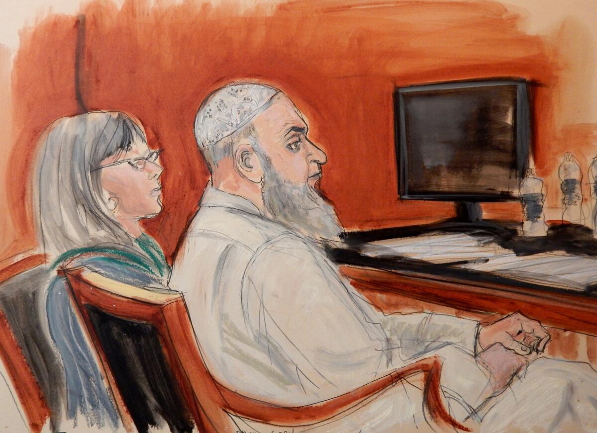 Khalid Fawwaz sits next to defense attorney Barbara O'Connor in a Jan. 20 courtroom sketch.