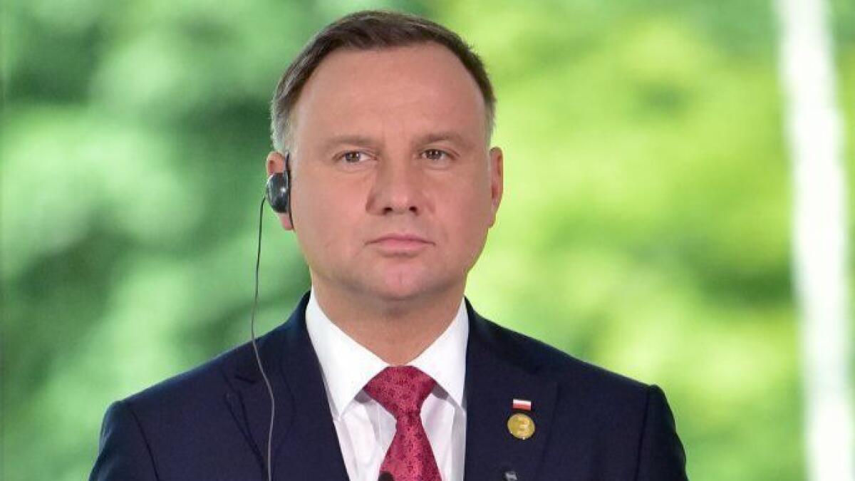 Polish President Andrzej Duda attends a news conference after the Three Seas Initiative forum in Slovenia on June 6, 2019.