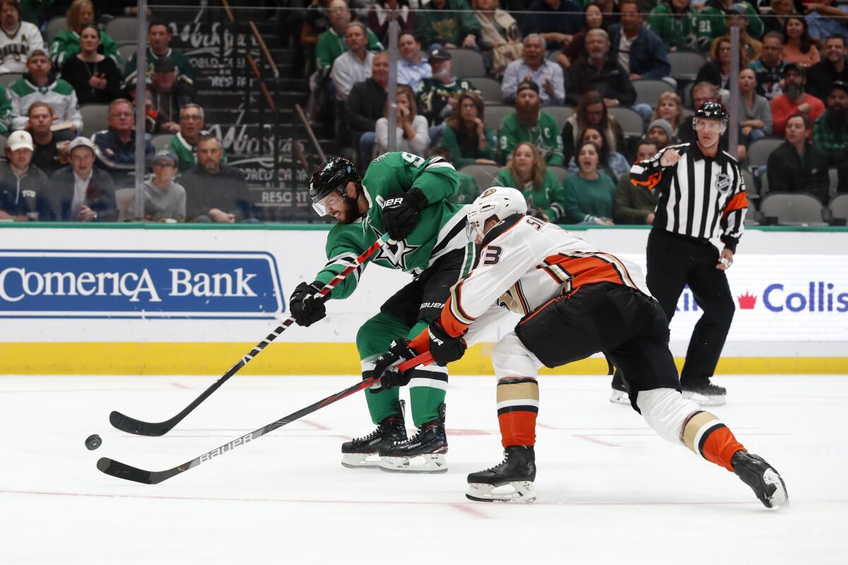 Dallas Stars center Tyler Seguin takes a shot before Ducks defenseman Jakob Silfverberg can disrupt the play Thursday.