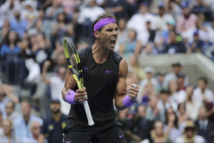 FILE - In this Sept. 8, 2019, file photo, Rafael Nadal, of Spain, reacts after scoring a point against Daniil Medvedev, of Russia, during the men's singles final of the U.S. Open tennis championships in New York. New York Gov. Andrew Cuomo said Tuesday, June 16, 2020, that the U.S. Open tennis tournament will held starting in late August as part of the state's reopening from shutdowns caused by the coronavirus pandemic. (AP Photo/Charles Krupa, File)