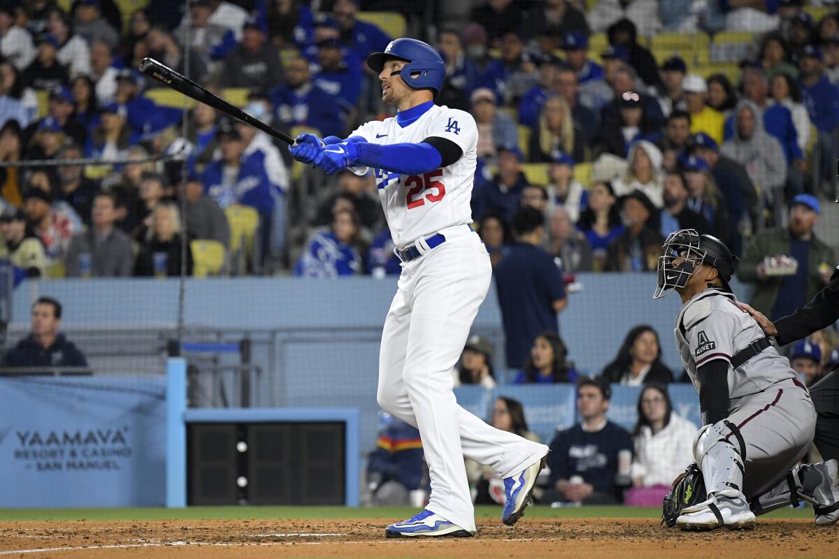 Trayce Thompson hits a three-run home run in the fifth inning of the Dodgers' 10-1 win.