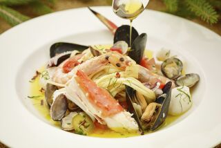An Italian dish with crab, shrimp, calamari, clams, mussels, scallops and white fish.