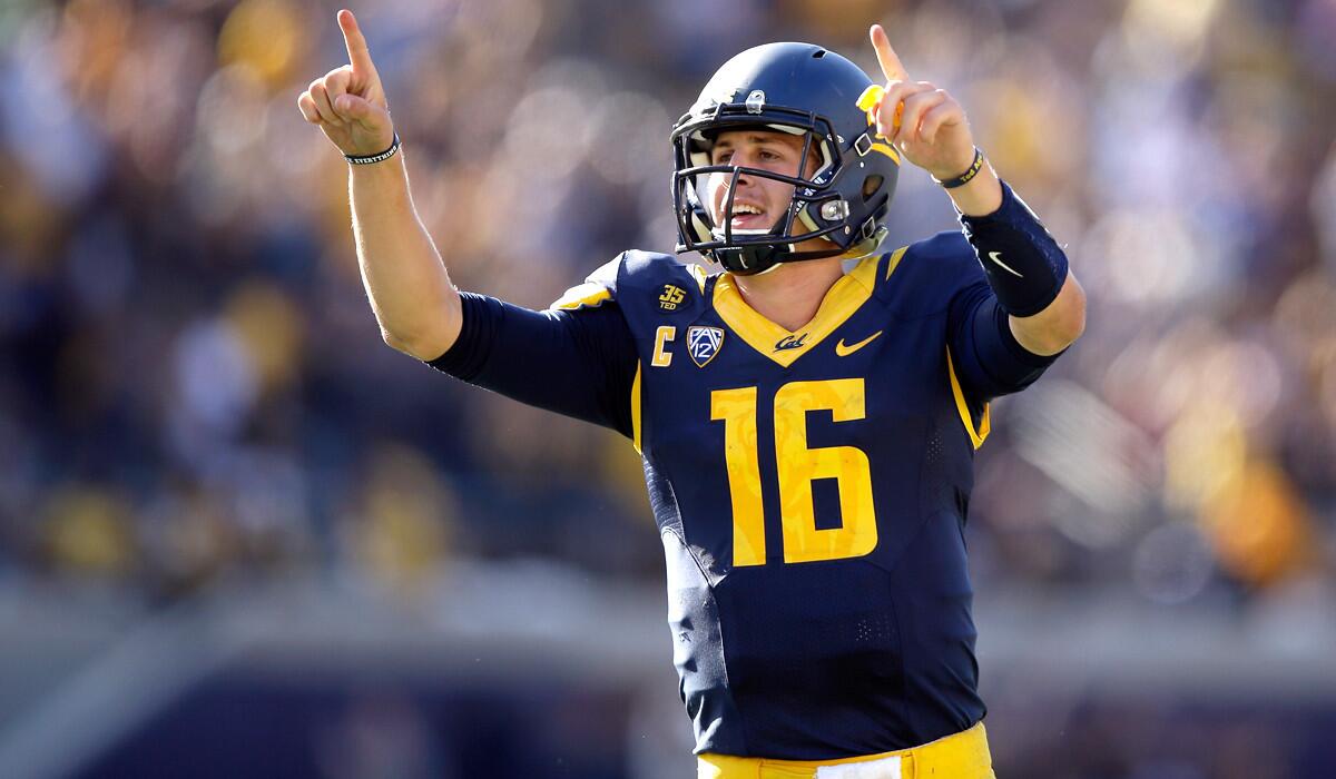 California quarterback Jared Goff celebrates after throwing a touchdown pass against Colorado in a Pac-12 Conference game last month in Berkeley.
