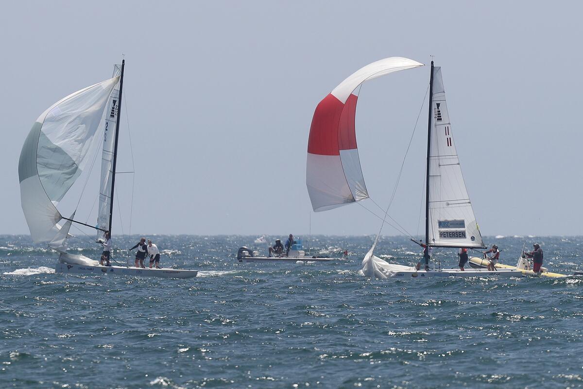 Balboa Yacht Club's Jeffrey Petersen, right, competes versus Royal Danish Yacht Club's Emil Kjaer during the Governor's Cup.