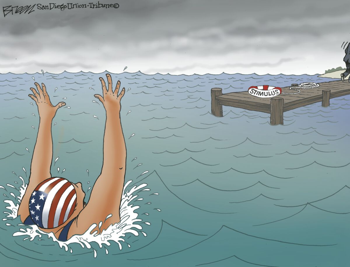In this cartoon, a swimmer representing America calls for help while a figure walks away from a 'stimulus' life preserver