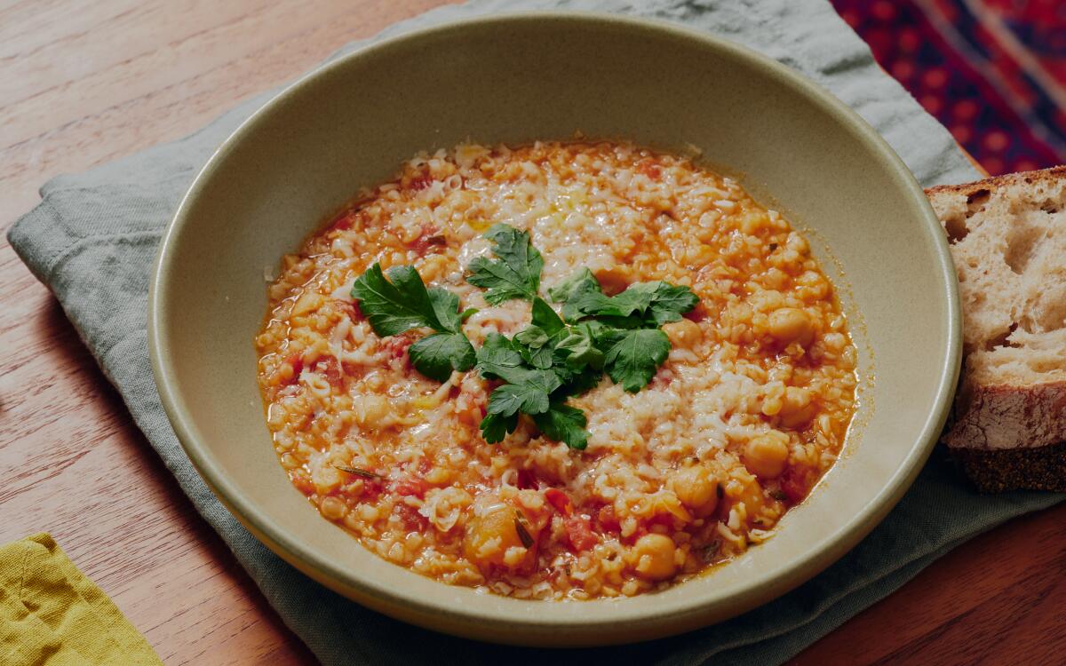 A bowl of Chickpea and Tomato Soup With Bulgur.
