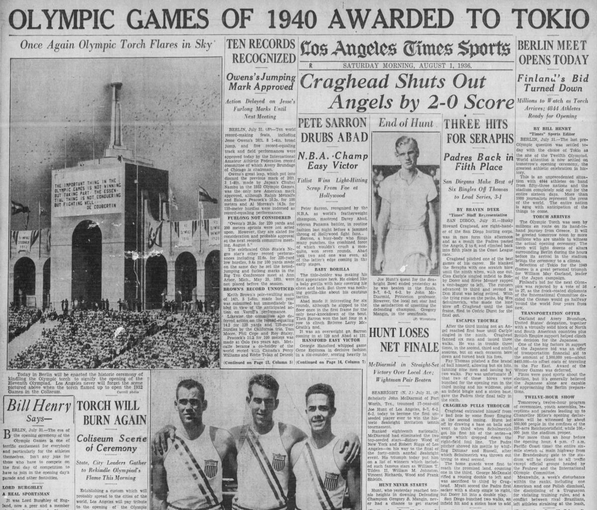 Los Angeles Times sports page from August 1, 1936, detailing Berlin Olympics.