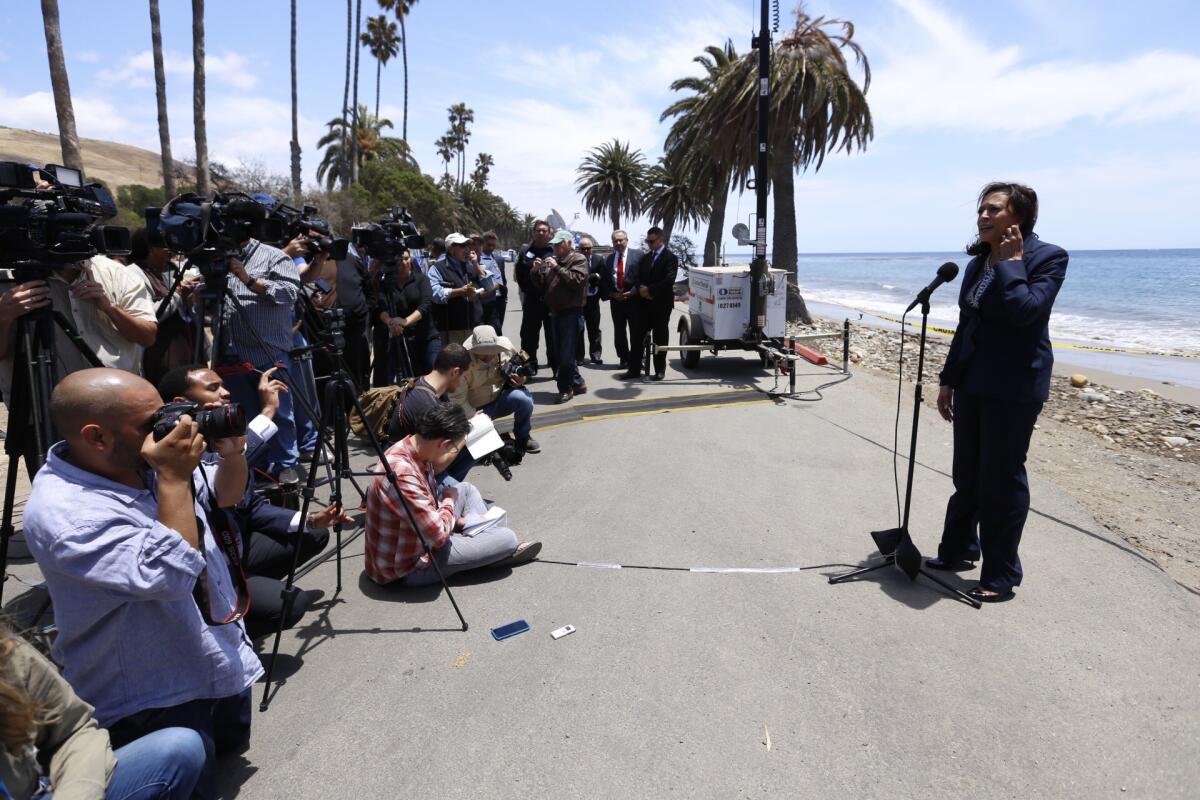 State Atty. Gen. and U.S. Senate candidate Kamala Harris addresses the news media at Refugio State Beach in June 2015 after the Santa Barbara County oil spill.