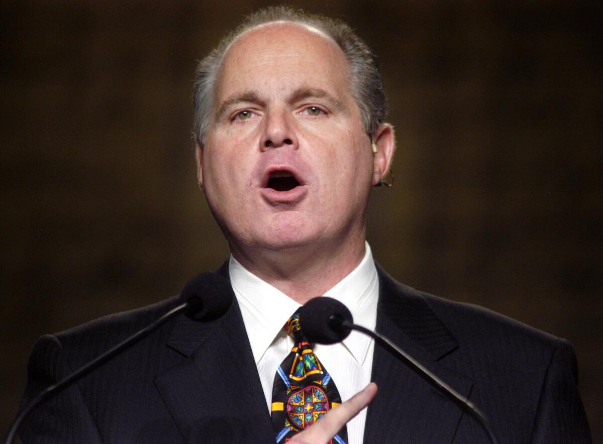 Radio talk-show host Rush Limbaugh speaking in 2006 to the National Assn. of Broadcasters in Philadelphia.