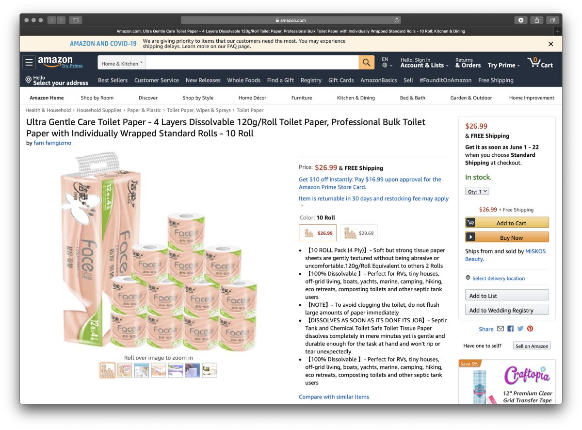 This Amazon.com screen grab, made on April 9, shows toilet paper Times reporter Daniel Miller purchased during the COVID-19 pandemic.