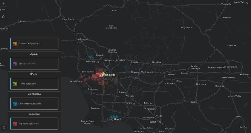 A language map of Los Angeles with clusters of colored dots representing speakers of different Indigenous languages