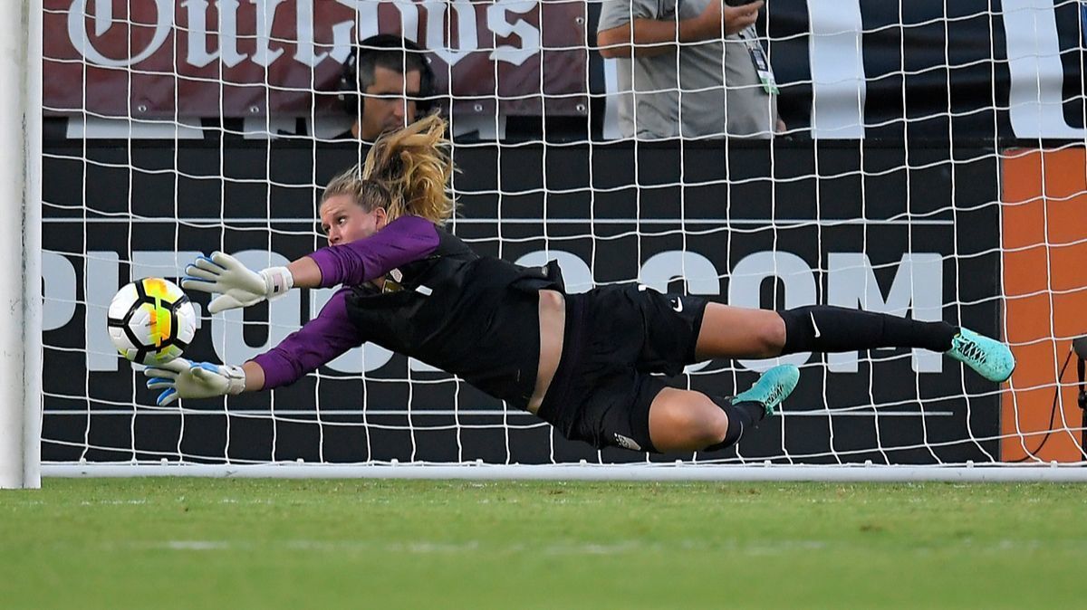 U.S. goalkeeper Alyssa Naeher stops a Japan shot during the first half of a Tournament of Nations soccer match on Thursday.