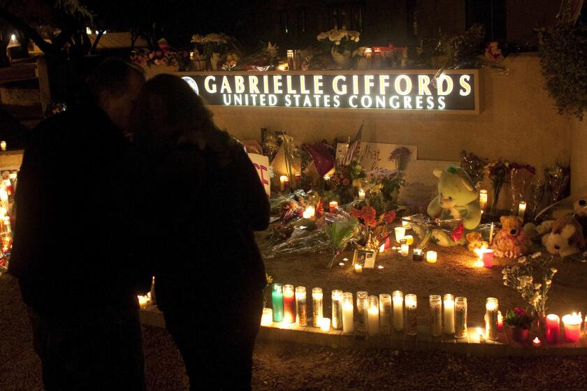 Well-wishers have created a makeshift memorial in front of Rep. Gabrielle Giffords (D-Ariz.) office. Giffords, who was beginning her third term in Congress, was shot in the head while meeting constituents at an event on Jan 8.