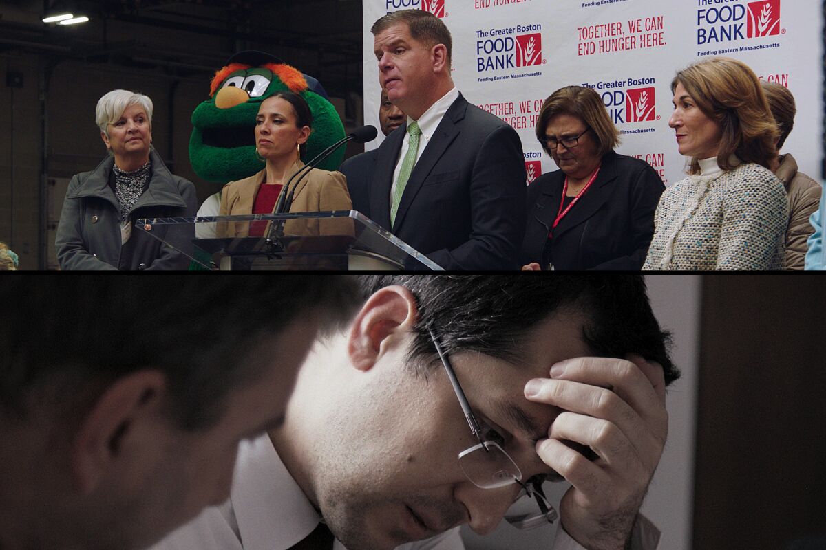 Boston Mayor Martin J. Walsh, center, in a scene from "City Hall," and Vlad Voiculescu in the documentary "Collective."