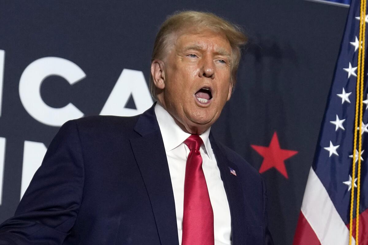 Donald Trump speaks next to a U.S. flag