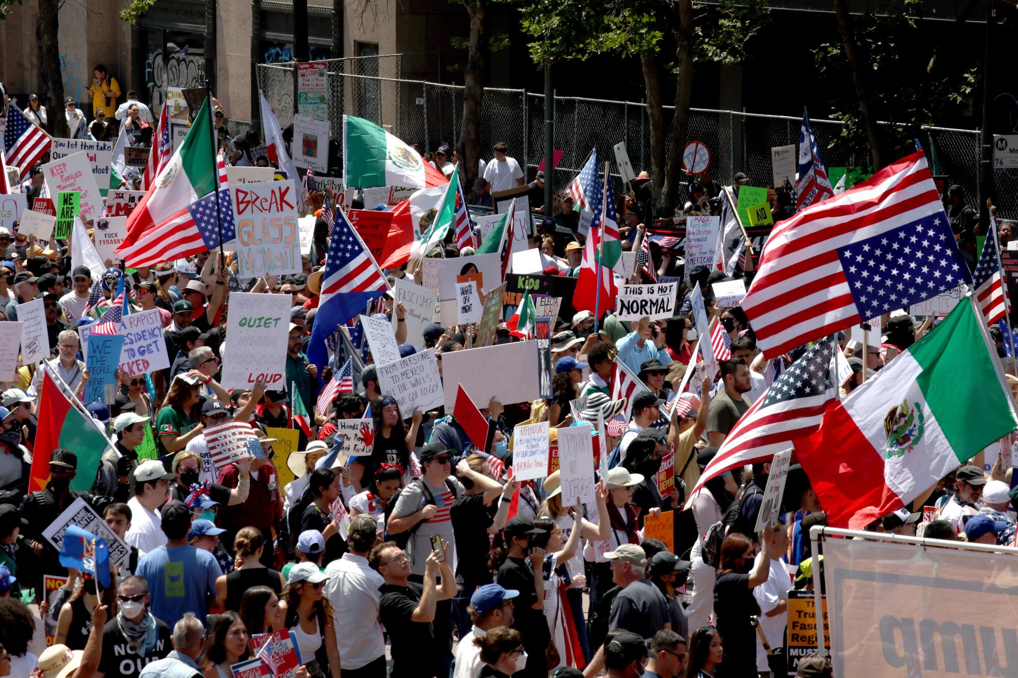 Los Angeles, CA. June 14, 2025 - Protesters attending "No Kings" demonstrati