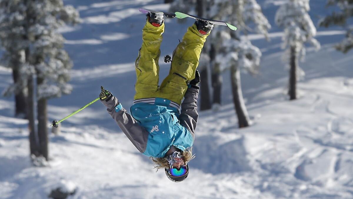A skier performs a flip at Boreal Mountain resort near Donner Summit.