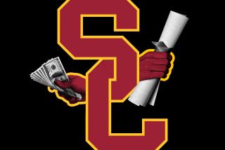 Illustration of USC logo with two interlocking hands, one with money and one with a diploma