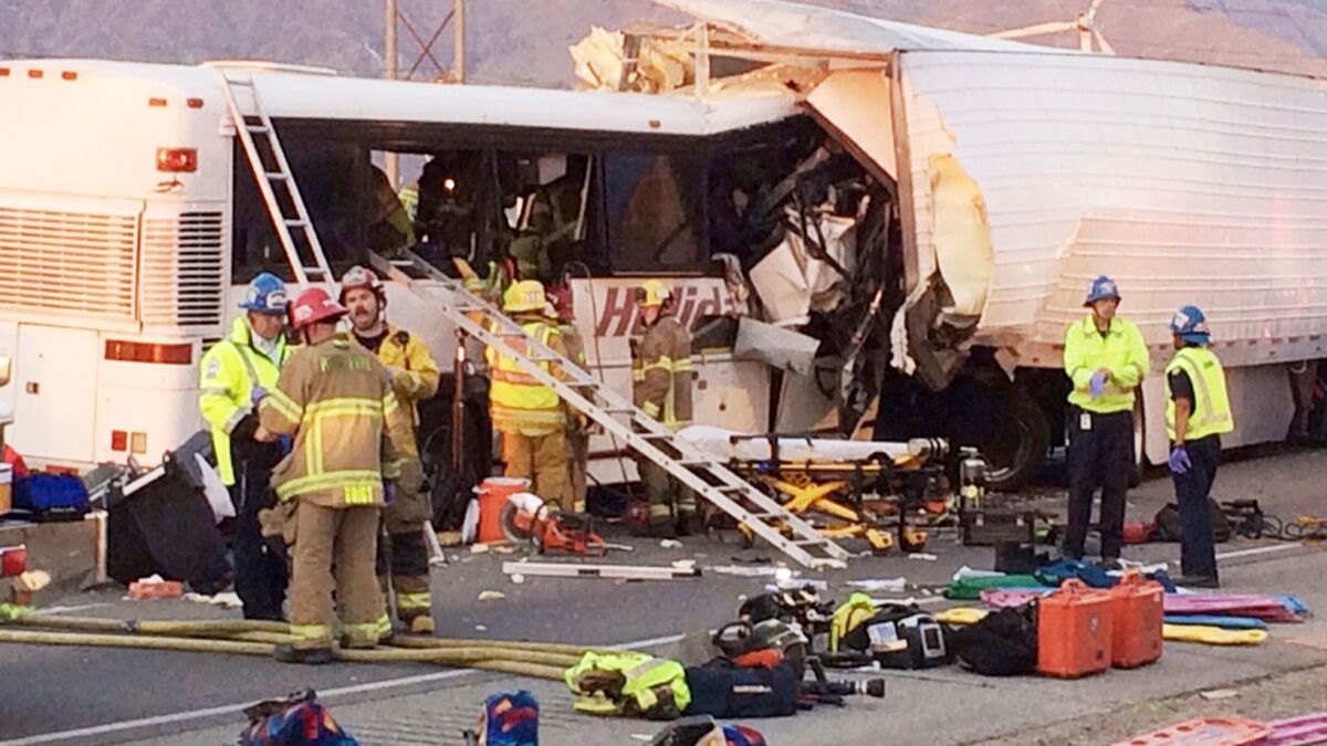 Thirteen people were killed with a bus slammed into the back of a big rig stopped on Interstate 10 in Palm Springs on Oct. 23, 2016.