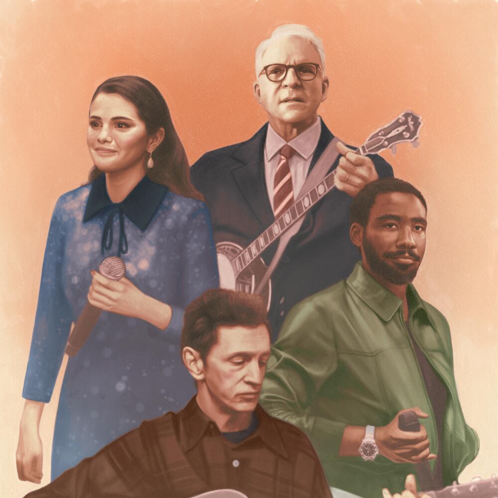 Illustration of Selena Gomez and Donald Glover holding microphones; Steve Martin with a banjo and John Hawkes a guitar.