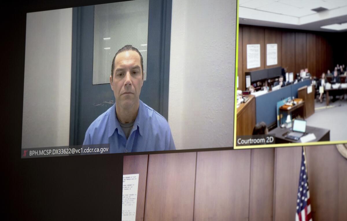 Scott Peterson appears via video call at San Mateo County Superior Court in Redwood City, Calif., in March.