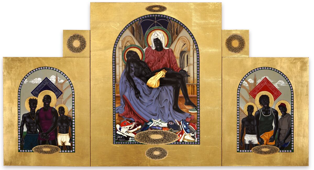 A Renaissance-style painting framed in gold leaf features a Pieta scene with Black figures.