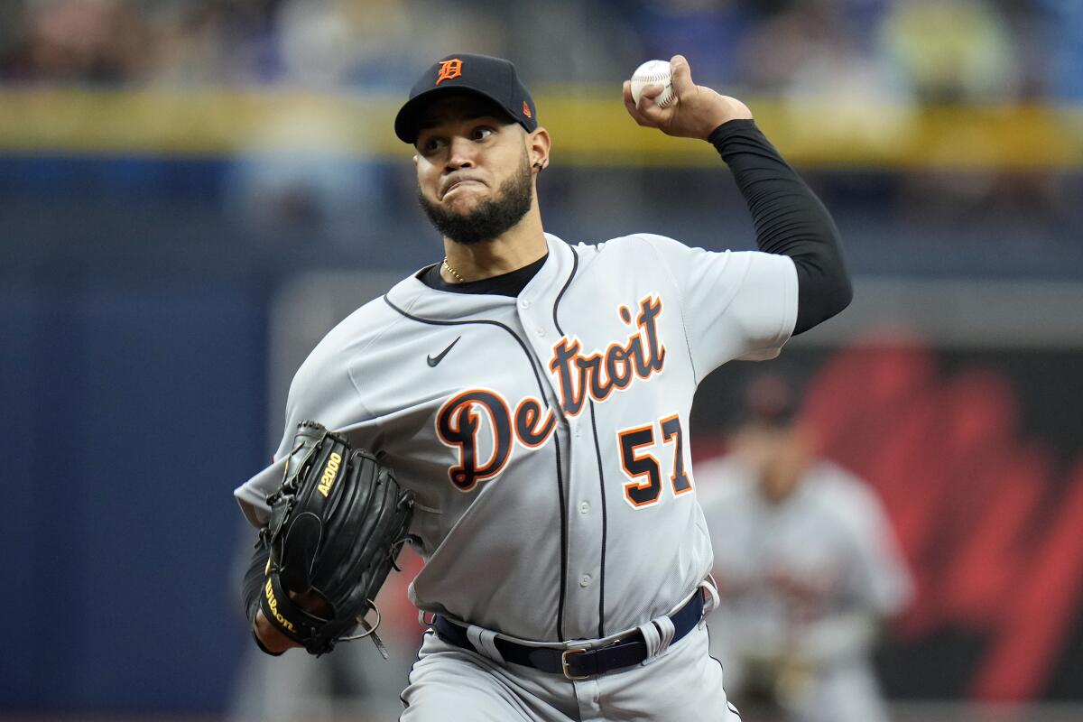 Detroit Tigers starting pitcher Eduardo Rodriguez delivers to the Tampa Bay Rays during the first inning of a baseball game Wednesday, May 18, 2022, in St. Petersburg, Fla. (AP Photo/Chris O'Meara)