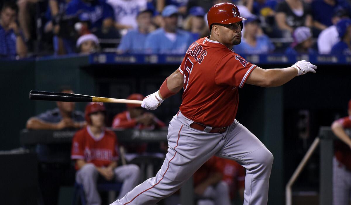 Albert Pujols of the Angels returns to first base to test sore hamstring.