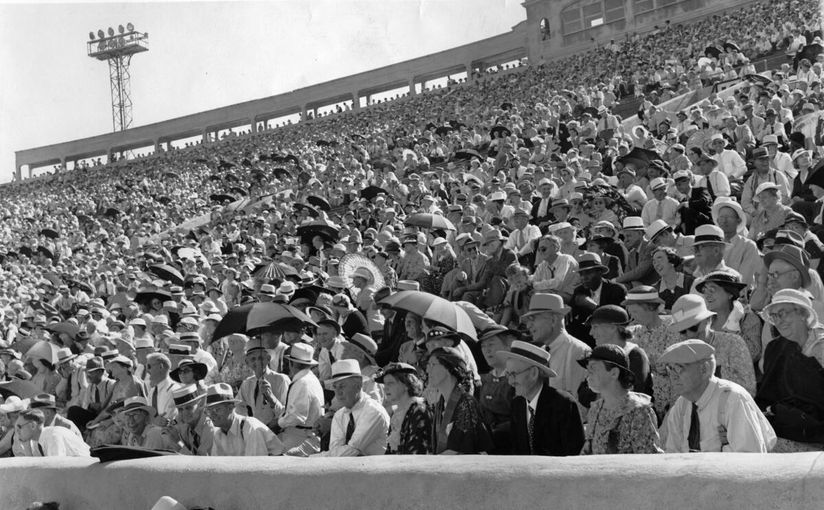 July 5, 1936: Part of crowd of 18,000 at the Rose Bowl to hear Dr. Francis Townsend speak about his pension plan proposal.