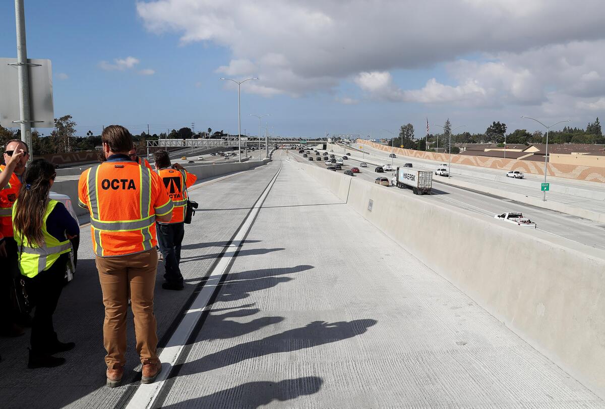 Looking north, the new 405 Express Lanes stretch through Costa Mesa and Fountain Valley.