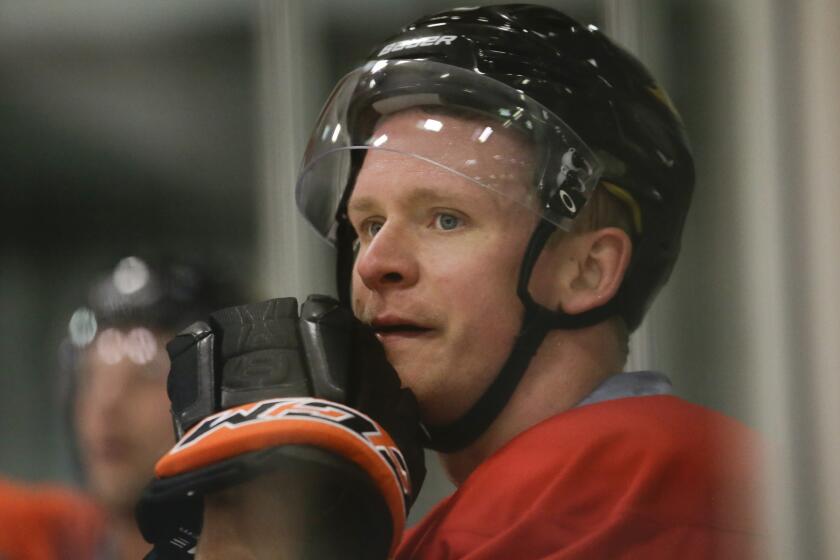 Ducks forward Corey Perry looks on during a team practice session in September.