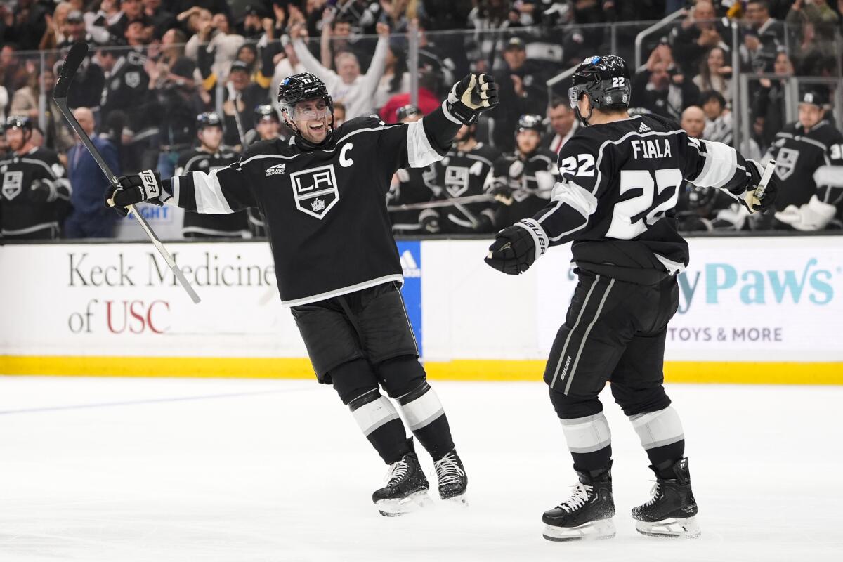 Los Angeles Kings left wing Kevin Fiala, right, celebrates his goal with center Anze Kopitar.