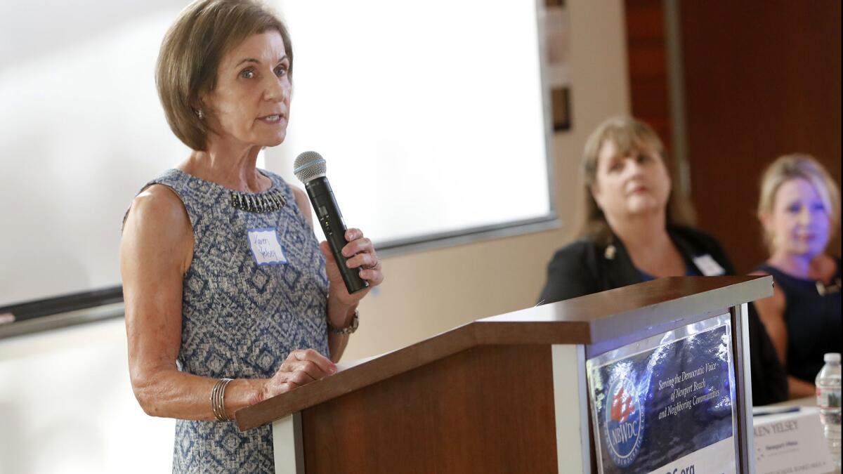 Karen Yelsey, a candidate for trustee area 4, speaks during a Newport-Mesa Unified School District board candidates forum presented by the Newport Beach Women's Democratic Club at Oasis Senior Center in Corona del Mar on Tuesday, Sept. 18.