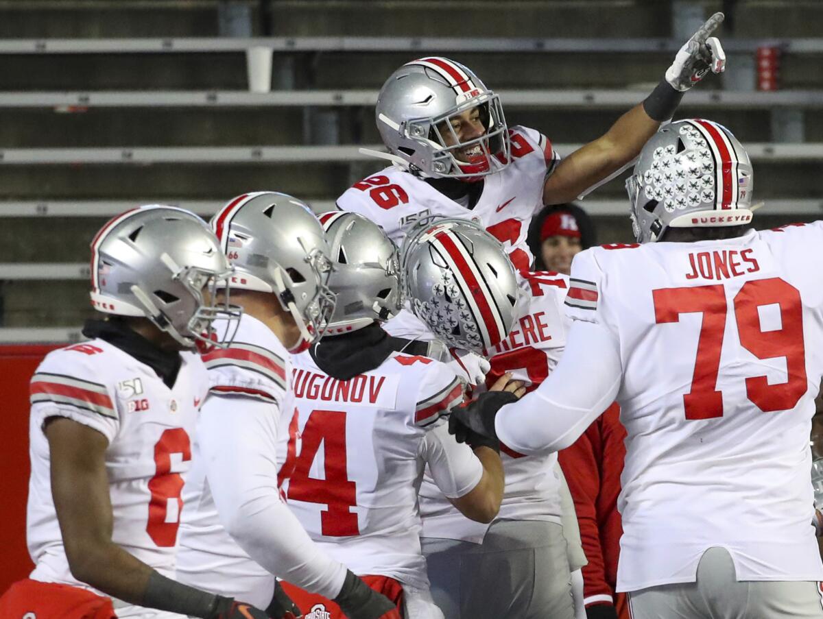 Ohio State wide receiver Jaelen Gill celebrates after scoring on a touchdown reception.