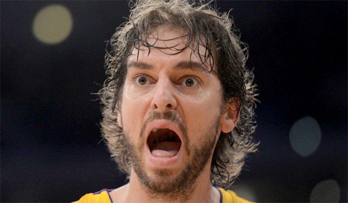 Pau Gasol reacts to a call by the officials during a loss to the Indiana Pacers, 79-77.