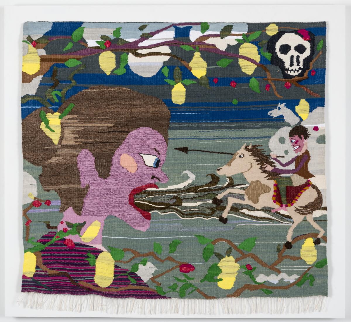 "Woman With Waves Coming Out of Her Mouth" by Christina Forrer, 2014. Wool, cotton and linen, 50 inches by 56 inches
