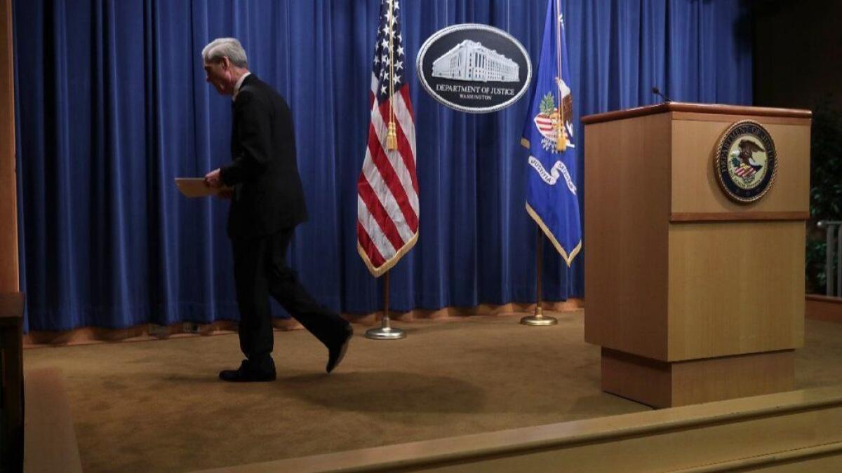 Robert S. Mueller III leaves after making a statement about the Russia investigation at the Justice Department in Washington on May 29.