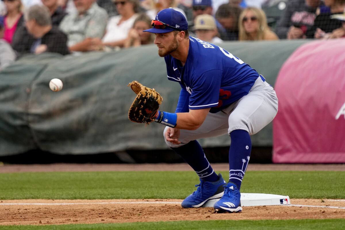 Michael Busch was among the second round of Dodgers camp cuts Monday. (AP Photo/Matt York)