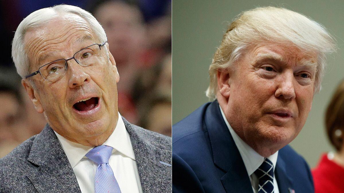 North Carolina Coach Roy Williams, left, doesn't seem to be a fan of President Trump's tweets.