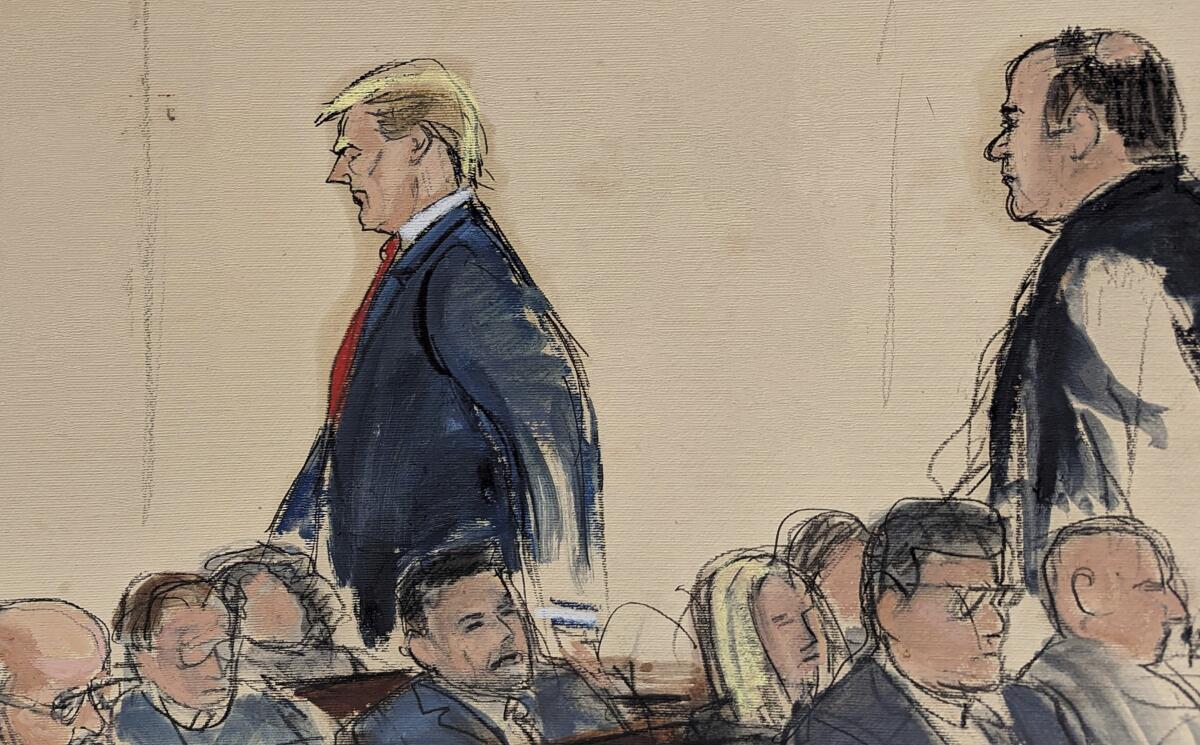 En este boceto de la sala del tribunal, el viernes 26 de enero. 2024, Donald Trump, a la izquierda, 