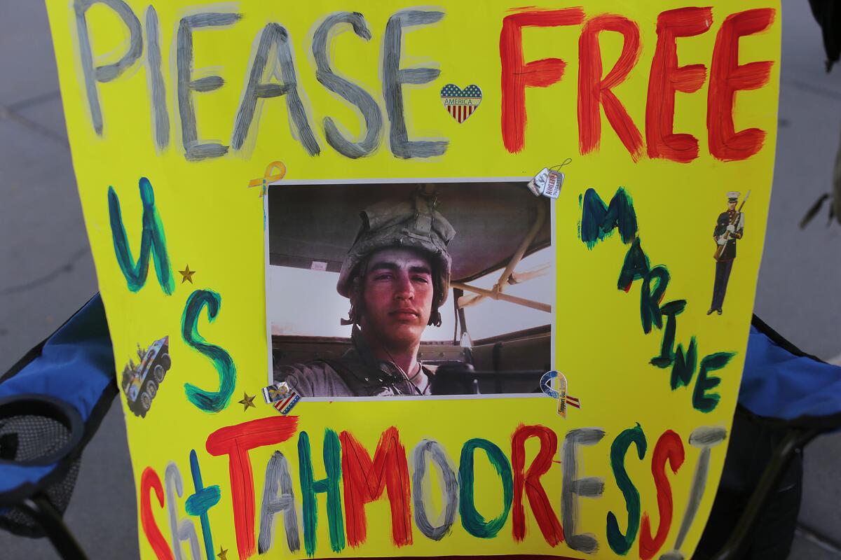 A poster from a May protest attended by about 100 people near the San Ysidro border crossing shows support for Marine reservist Sgt. Andrew Tahmooressi, who is being held in a Mexican jail on weapons charges.