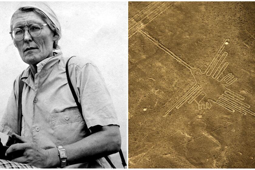 German mathematician and archaeologist Maria Reiche (1903-98) researched the Nazca Lines, beginning in 1940, and helped secure recognition for them. They are now a UNESCO World Heritage Site. Right, aerial view of the hummingbird figure.