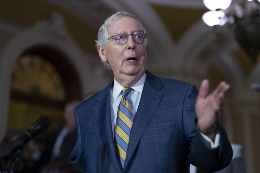 FILE - Senate Minority Leader Mitch McConnell, R-Ky., speaks to reporters following a closed-door policy meeting, at the Capitol in Washington, Tuesday, March 7, 2023. A spokesman for McConnell said the senator has been hospitalized after tripping and falling Wednesday, March 8, at a hotel. (AP Photo/J. Scott Applewhite, File)