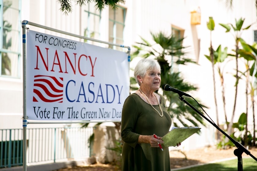 Democrat Nancy Casady announces she is running for Congress against incumbent Democrat Scott Peters in California's 52nd Congressional district on August 26, 2019 in San Diego, California.