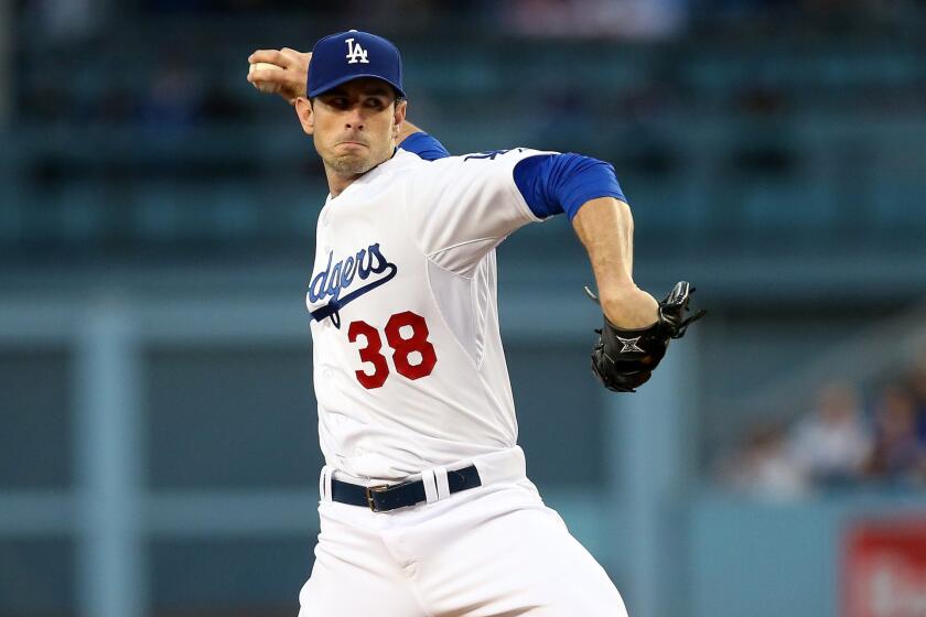 Dodgers right-hander Brandon McCarthy throws a pitch against the San Diego Padres during his debut with the team on Wednesday at Dodger Stadium.